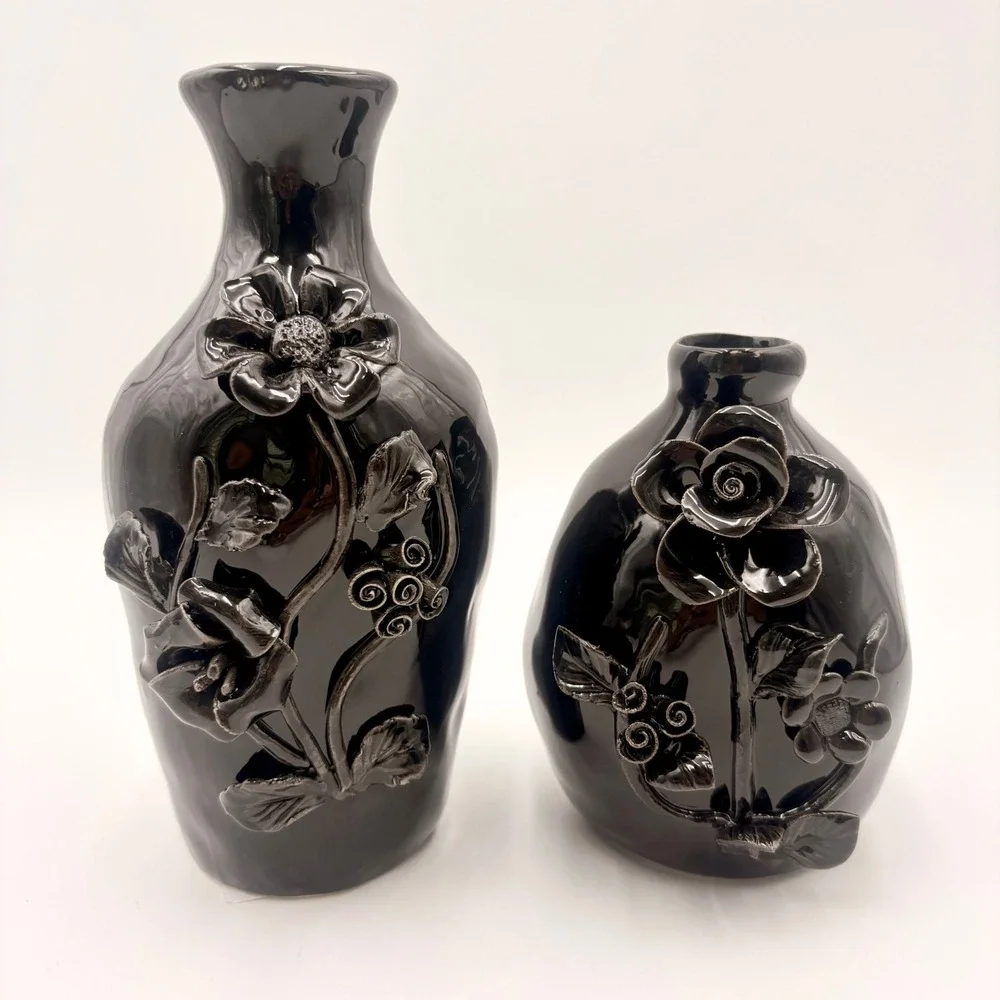 Potters Studio Halloween Black Ceramic Floral Bud Vase Set 2 Piece 3D Rose Decor